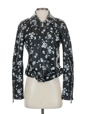 NWOT Michael Kors Black Floral Faux Leather Moto Jacket size S